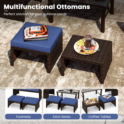 Multipurpose Outdoor 2 Pieces Patio PE Rattan Ottomans Footstool-Navy