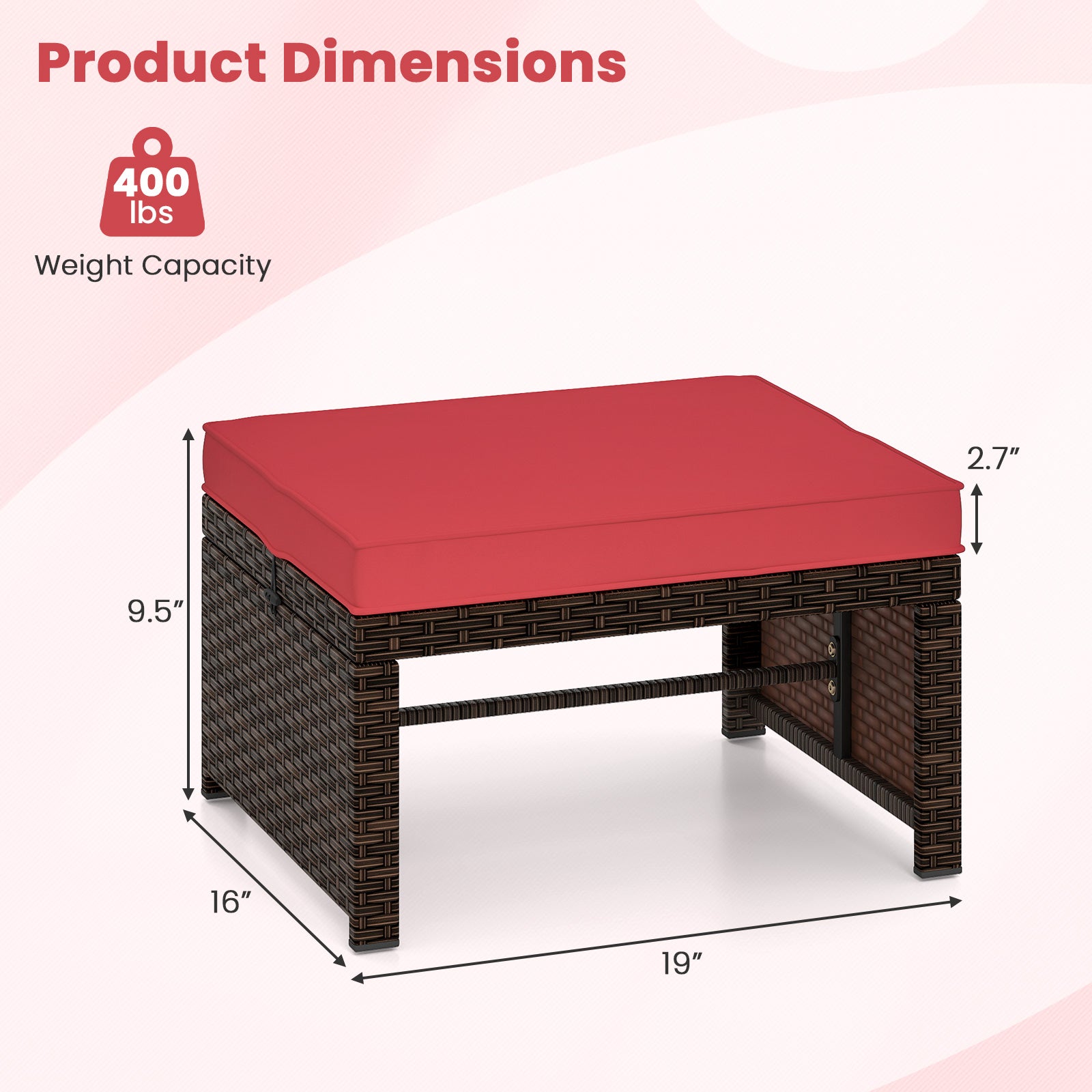 Multipurpose Outdoor 2 Pieces Patio PE Rattan Ottomans Footstool-Red