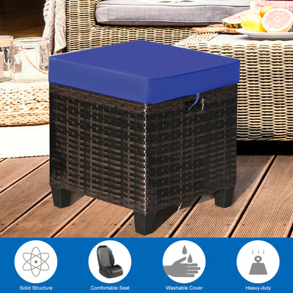 2 Pieces Patio Rattan Ottoman Set with Removable Cushions-White - Navy