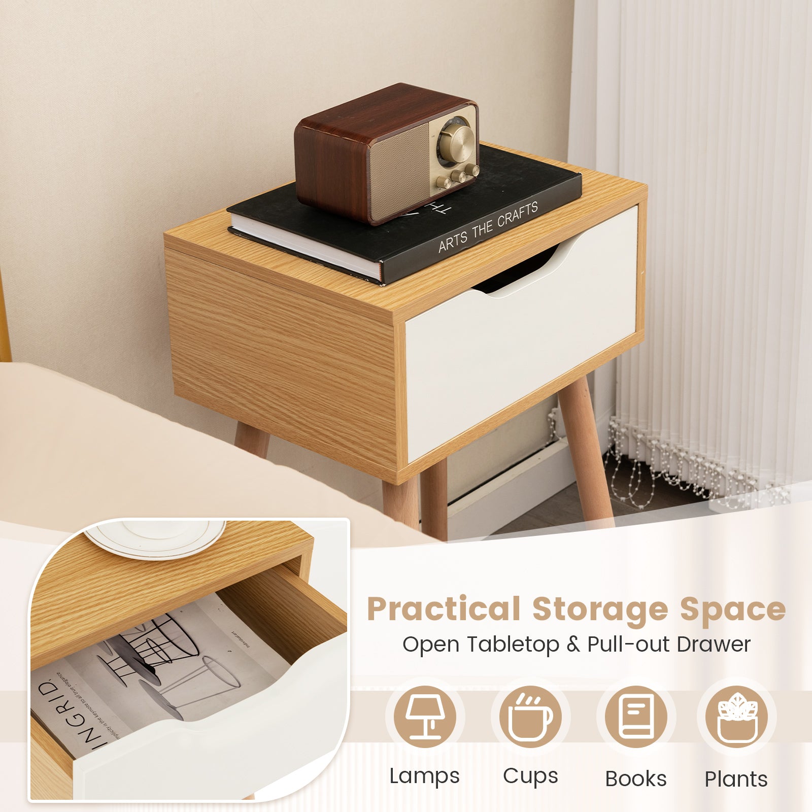 Set of 1/2 Modern Nightstand with Storage Drawer for Bedroom Living Room-2 Pieces