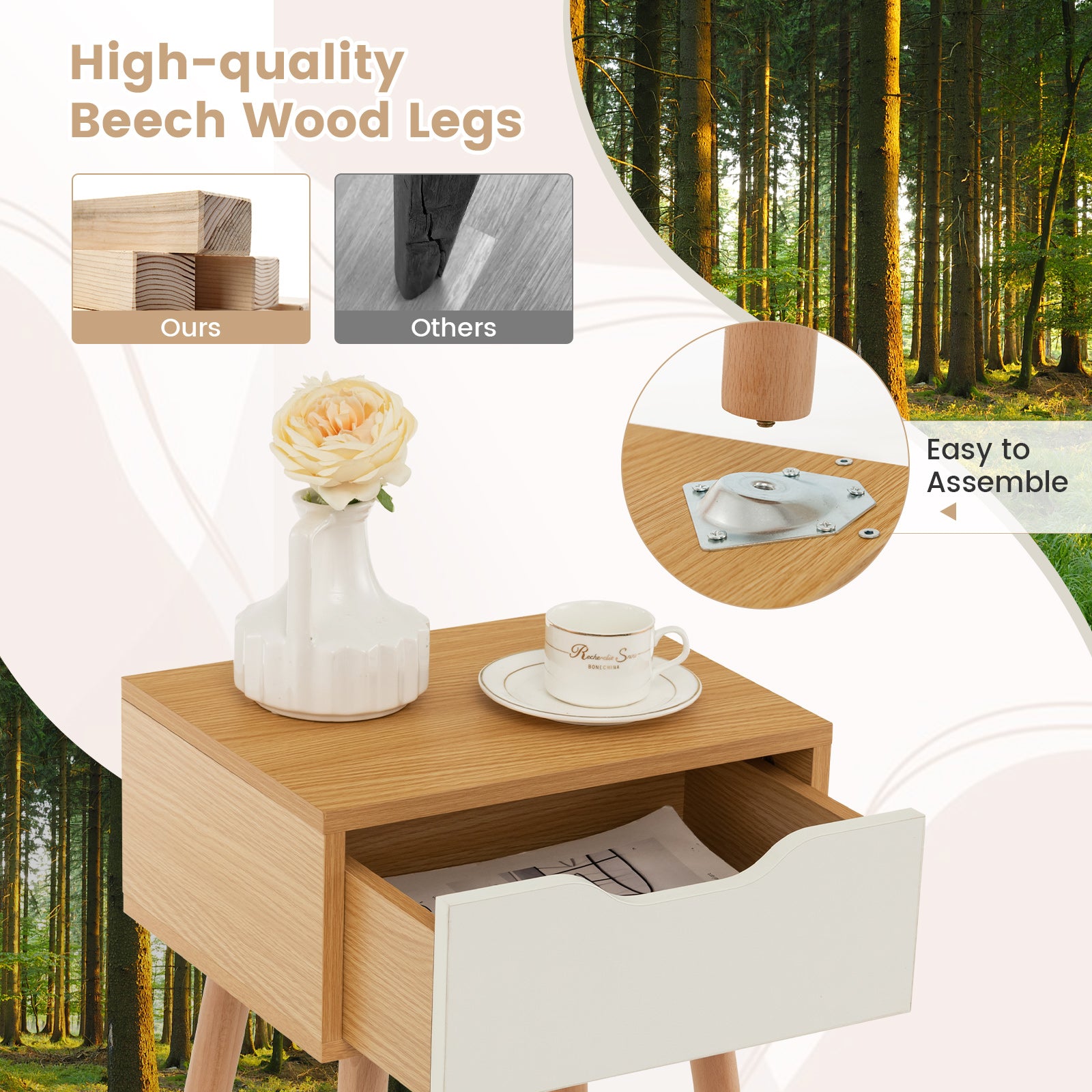 Set of 1/2 Modern Nightstand with Storage Drawer for Bedroom Living Room-2 Pieces