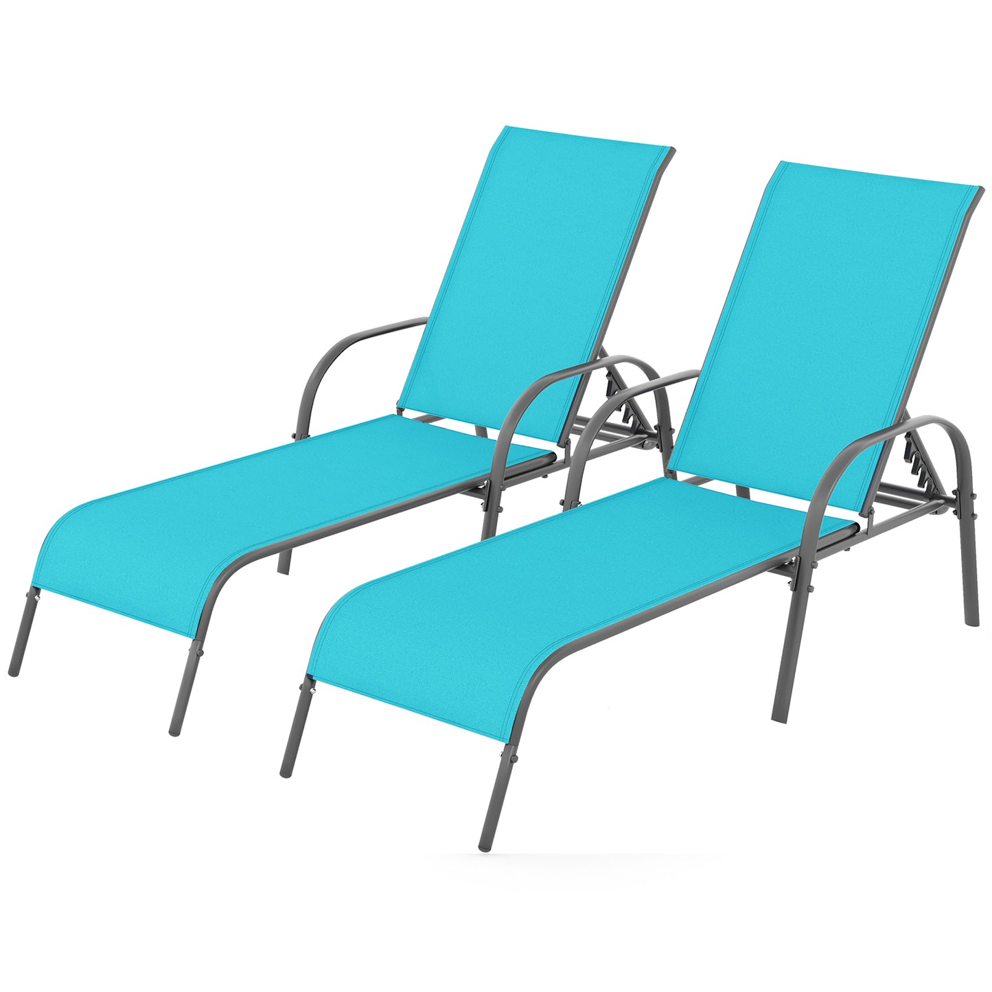 2 Pieces Outdoor Patio Lounge Chair Chaise Fabric with Adjustable Reclining Armrest-Dark Gray - Turquoise