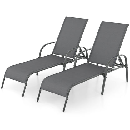2 Pieces Outdoor Patio Lounge Chair Chaise Fabric with Adjustable Reclining Armrest-Dark Gray - Dark Gray