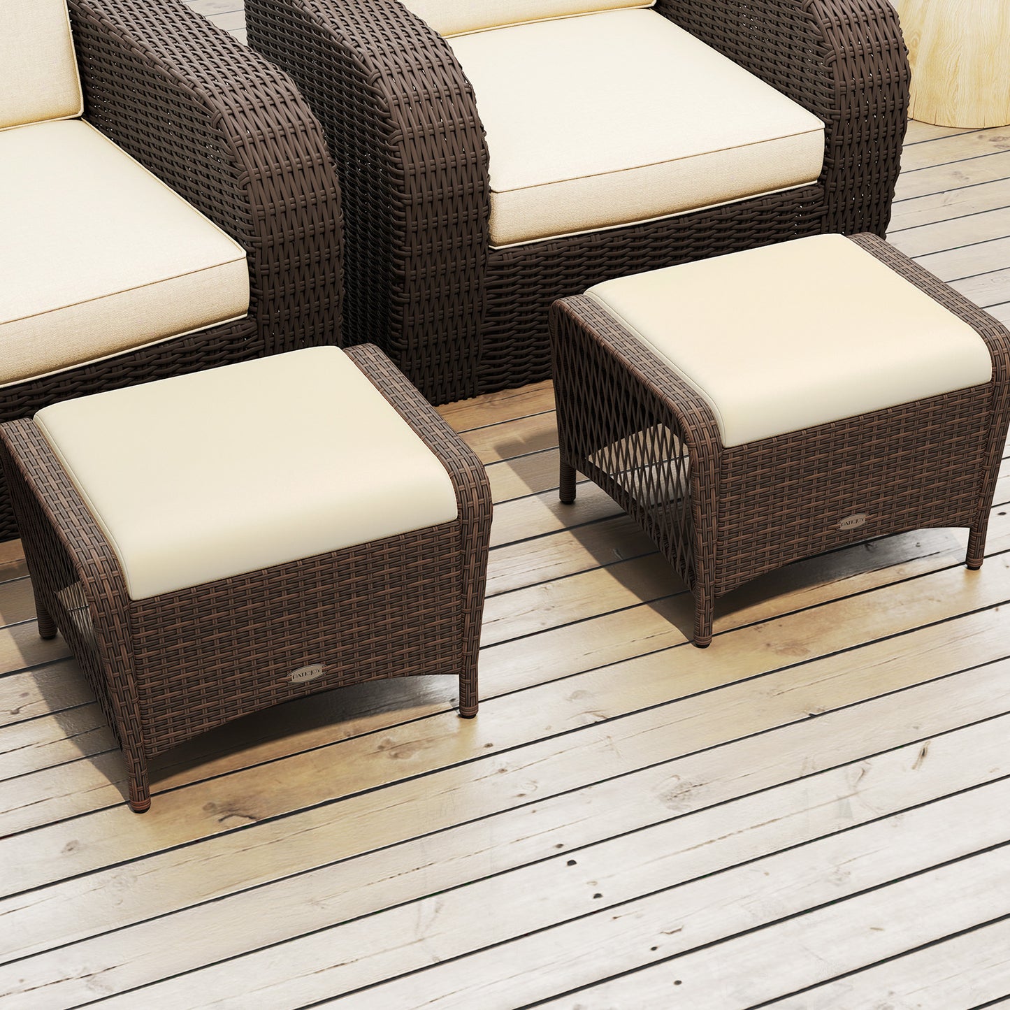 Set of 2 Outdoor Patio PE Wicker Ottomans with Removable Cushions