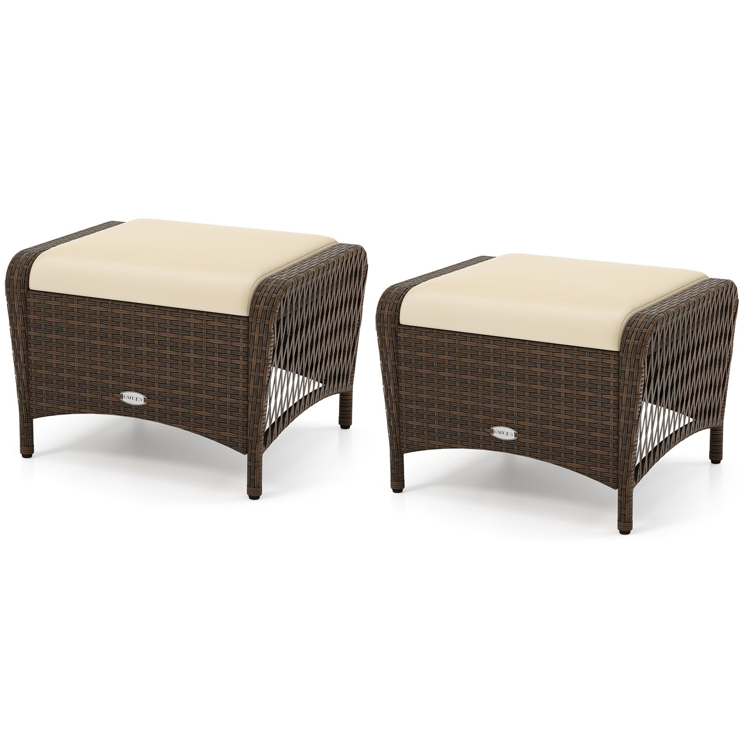 Set of 2 Outdoor Patio PE Wicker Ottomans with Removable Cushions