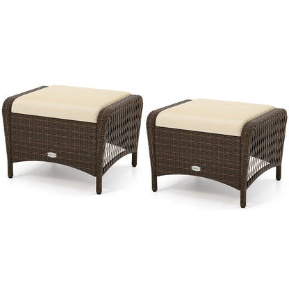 Set of 2 Outdoor Patio PE Wicker Ottomans with Removable Cushions