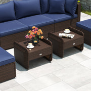 2 Pieces Outdoor Patio PE Wicker Ottomans with Removable Cushions-Navy