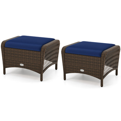 Set of 2 Outdoor Patio PE Wicker Ottomans with Removable Cushions-Beige - Navy