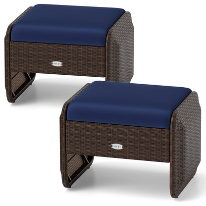 2 Pieces Outdoor Patio PE Wicker Ottomans with Removable Cushions-Brown - Navy