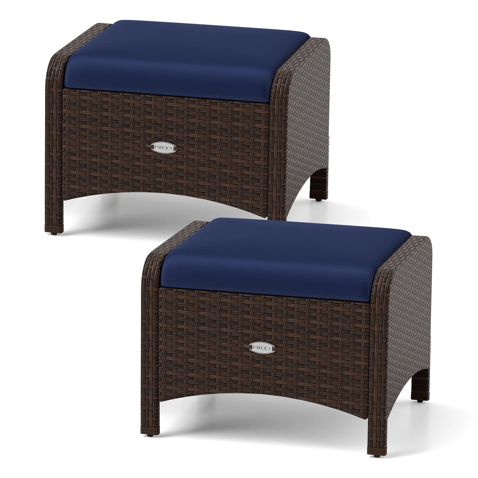 2 Pieces Outdoor Patio PE Wicker Ottomans with Removable Cushions-Navy - Navy