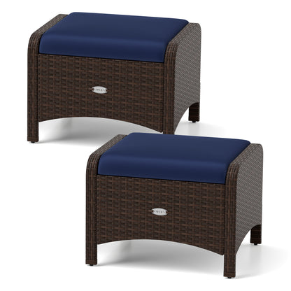 2 Pieces Outdoor Patio PE Wicker Ottomans with Removable Cushions-Navy - Navy