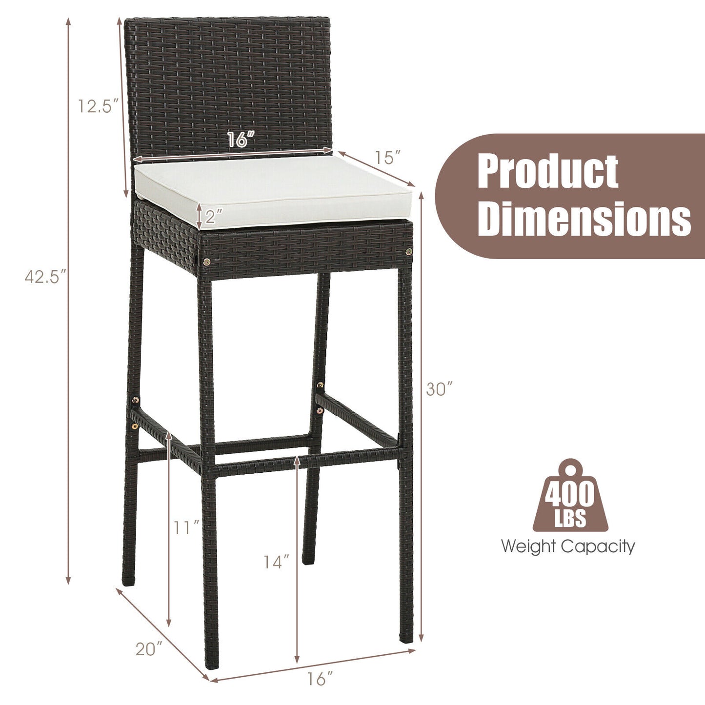 2 Pieces Patio Cushioned Wicker Barstools with Cozy Footrest