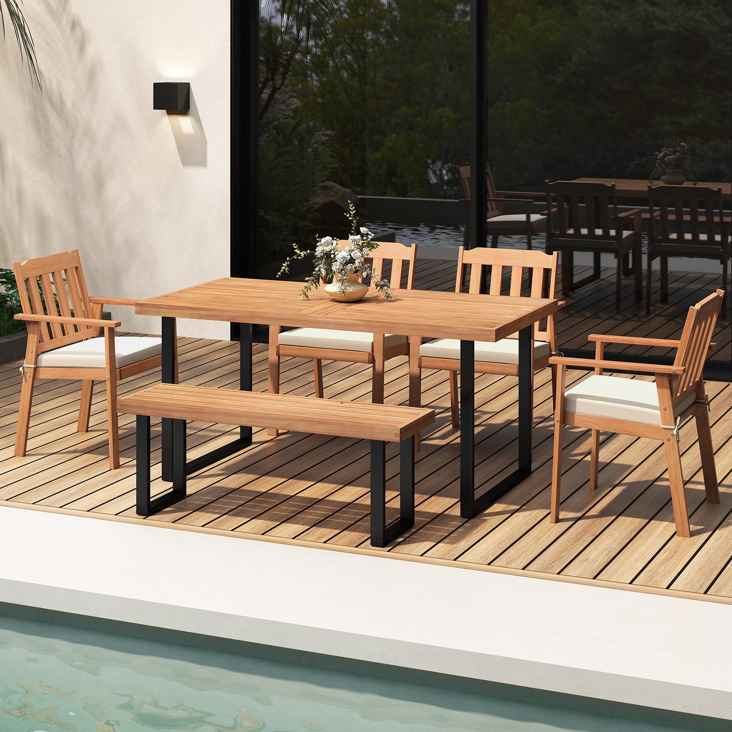 2 Pieces Patio Dining Chairs Outdoor Acacia Wood Chairs-White