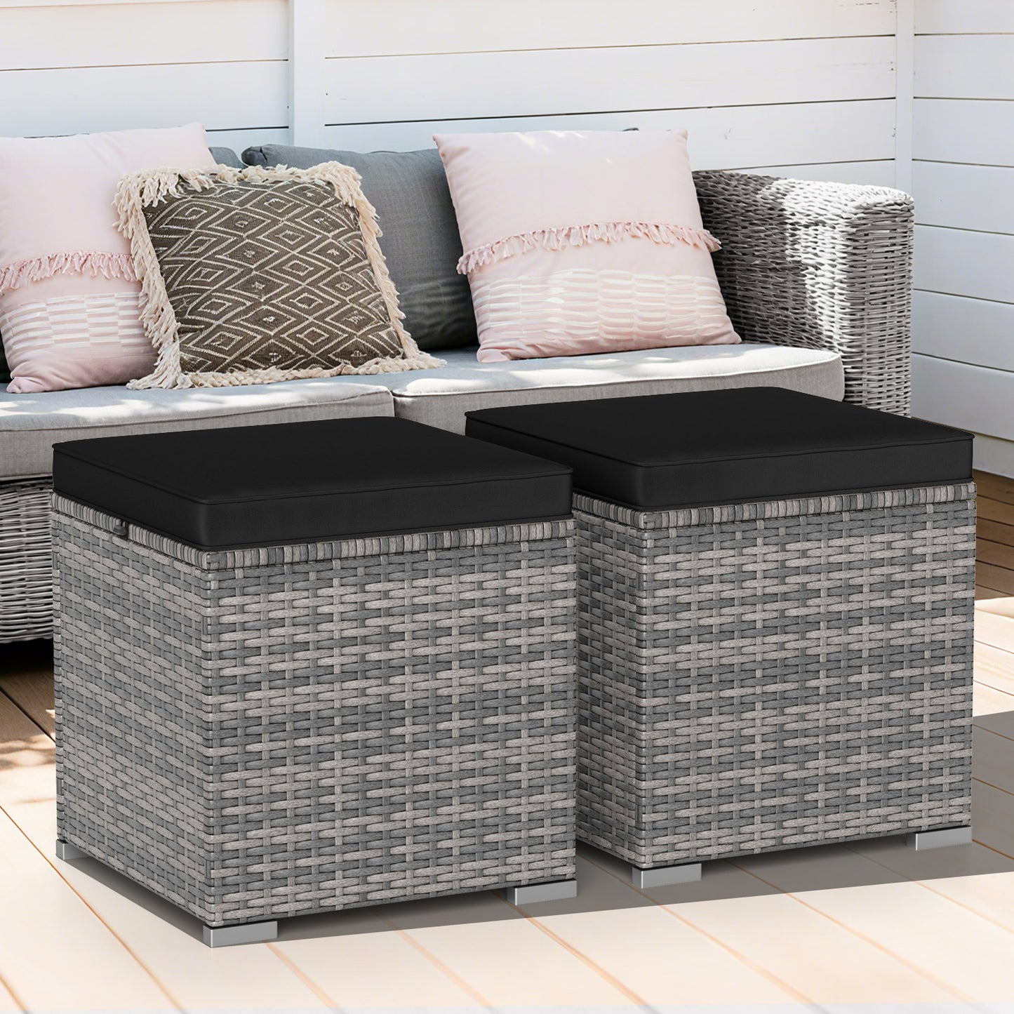 2 Pieces Patio Ottoman with Hidden Storage Space-Mix Grey-black