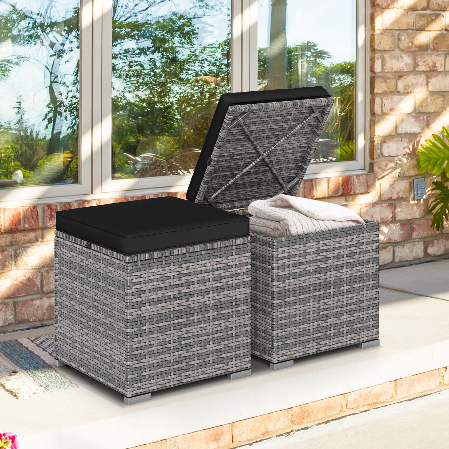 2 Pieces Patio Ottoman with Hidden Storage Space-Mix Grey-black