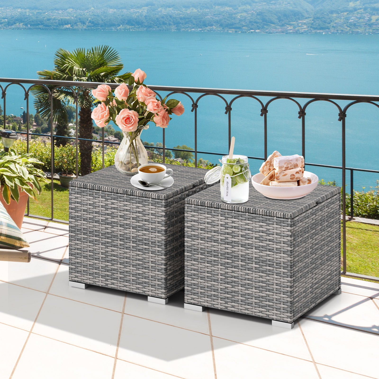 2 Pieces Patio Ottoman with Hidden Storage Space-Mix Grey-black