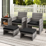 2 Pieces Patio PE Rattan Ottomans with Soft Zippered Cushions for Deck-Black