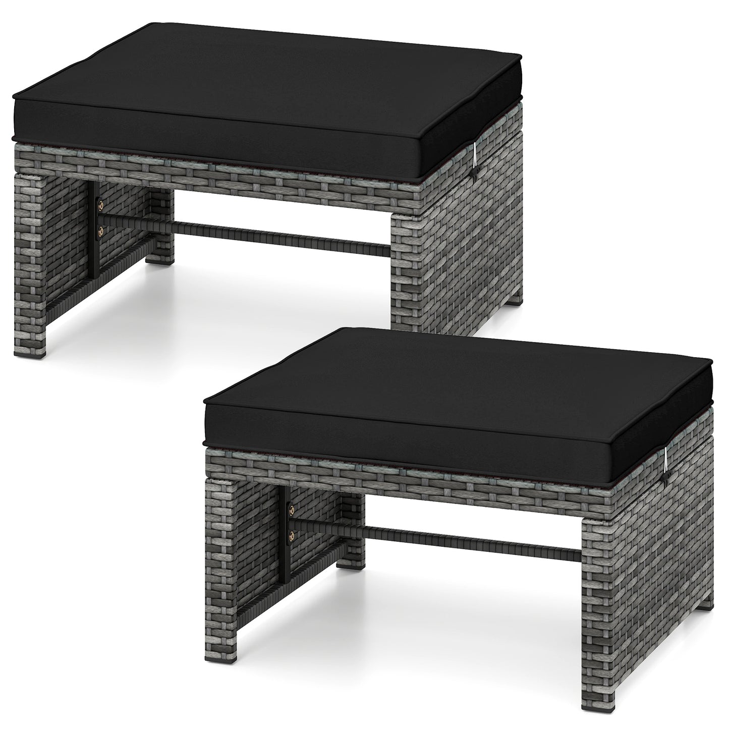2 Pieces Patio PE Rattan Ottomans with Soft Zippered Cushions for Deck-Navy - Black