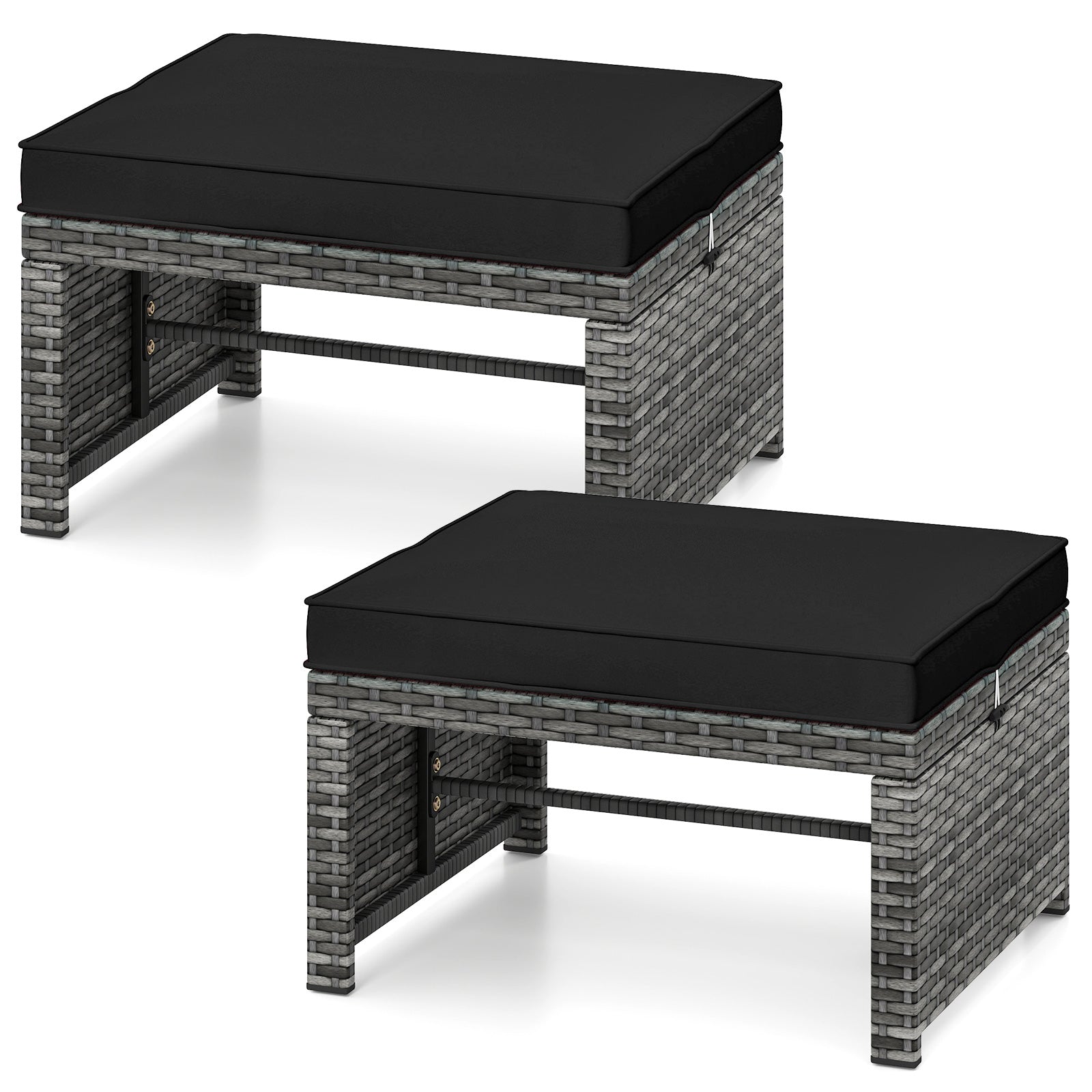 2 Pieces Patio PE Rattan Ottomans with Soft Zippered Cushions for Deck-Navy - Black