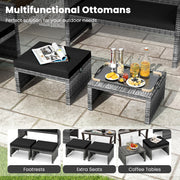 2 Pieces Patio PE Rattan Ottomans with Soft Zippered Cushions for Deck-Black