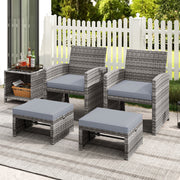 2 Pieces Patio PE Rattan Ottomans with Soft Zippered Cushions for Deck-Gray