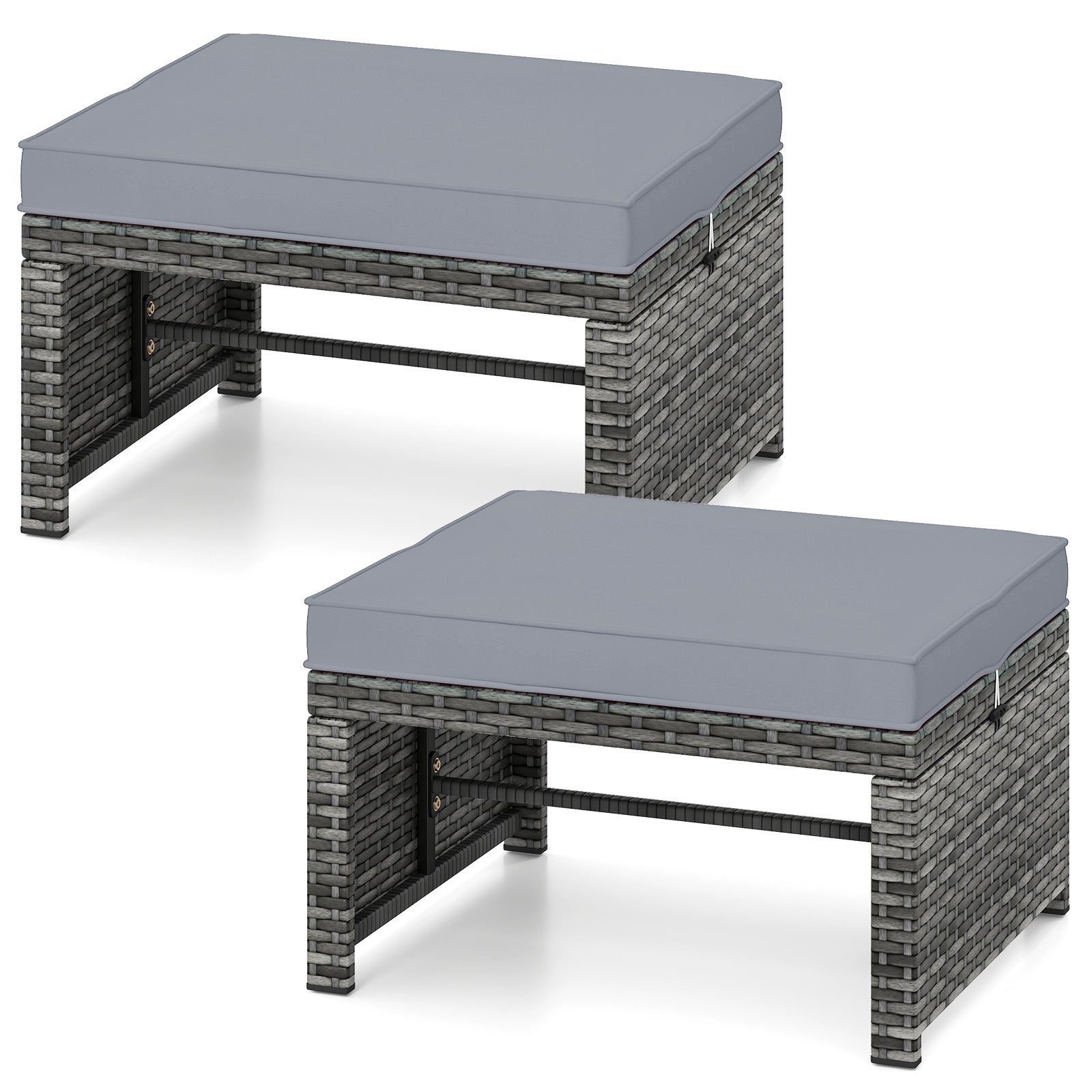 2 Pieces Patio PE Rattan Ottomans with Soft Zippered Cushions for Deck-Navy - Gray