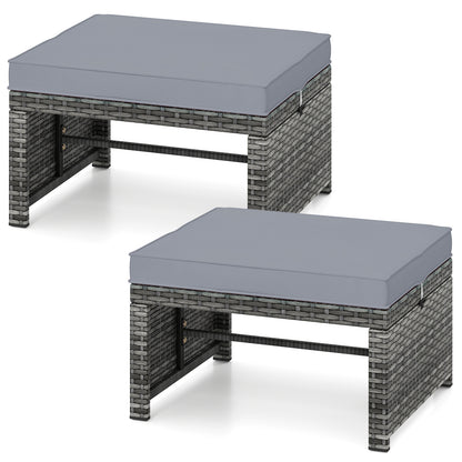 2 Pieces Patio PE Rattan Ottomans with Soft Zippered Cushions for Deck-Navy - Gray