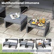 2 Pieces Patio PE Rattan Ottomans with Soft Zippered Cushions for Deck-Gray