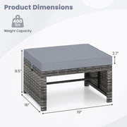 2 Pieces Patio PE Rattan Ottomans with Soft Zippered Cushions for Deck-Gray