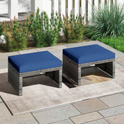 2 Pieces Patio PE Rattan Ottomans with Soft Zippered Cushions for Deck-Navy