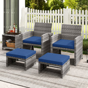 2 Pieces Patio PE Rattan Ottomans with Soft Zippered Cushions for Deck-Navy