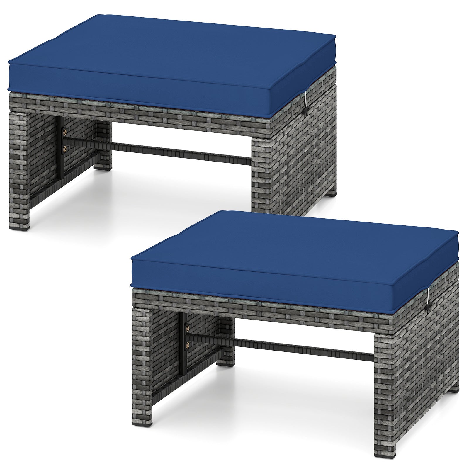 2 Pieces Patio PE Rattan Ottomans with Soft Zippered Cushions for Deck-Navy - Navy