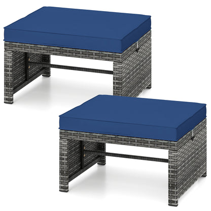 2 Pieces Patio PE Rattan Ottomans with Soft Zippered Cushions for Deck-Navy - Navy