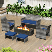 2 Pieces Patio PE Rattan Ottomans with Soft Zippered Cushions for Deck-Navy