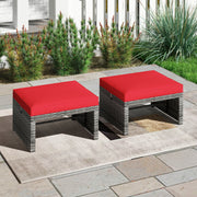 2 Pieces Patio PE Rattan Ottomans with Soft Zippered Cushions for Deck-Red