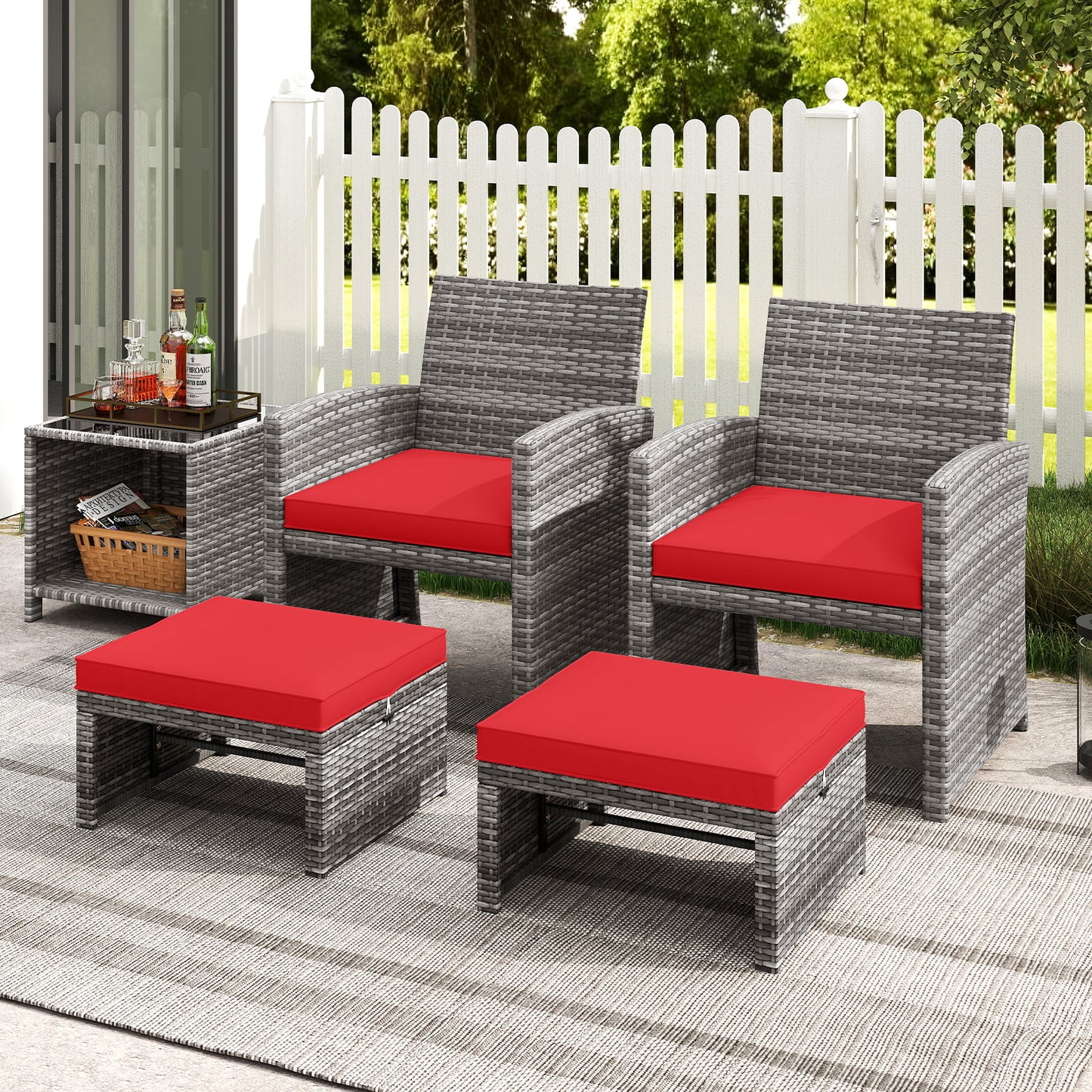 2 Pieces Patio PE Rattan Ottomans with Soft Zippered Cushions for Deck