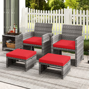 2 Pieces Patio PE Rattan Ottomans with Soft Zippered Cushions for Deck-Red