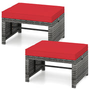 2 Pieces Patio PE Rattan Ottomans with Soft Zippered Cushions for Deck-Red