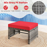 2 Pieces Patio PE Rattan Ottomans with Soft Zippered Cushions for Deck-Red