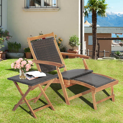 3 Pieces Patio Rattan Folding Lounge Chair Set of 2 with Acacia Wood Table