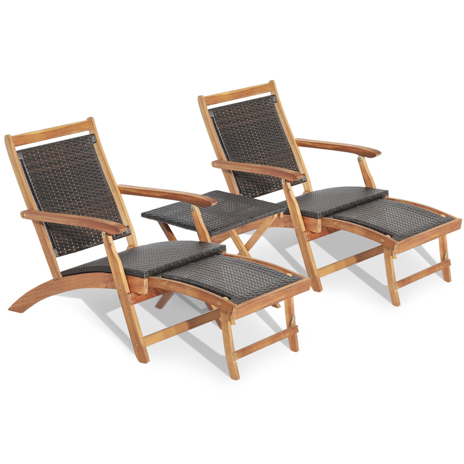 3 Pieces Patio Rattan Folding Lounge Chair Set of 2 with Acacia Wood Table