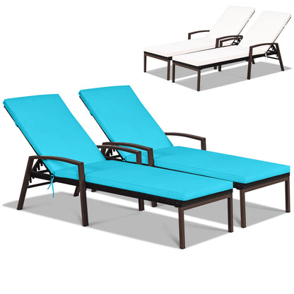 2 Pieces Patio Rattan Adjustable Back Lounge Chair with Armrest and Removable Cushions-White - Turquoise And White