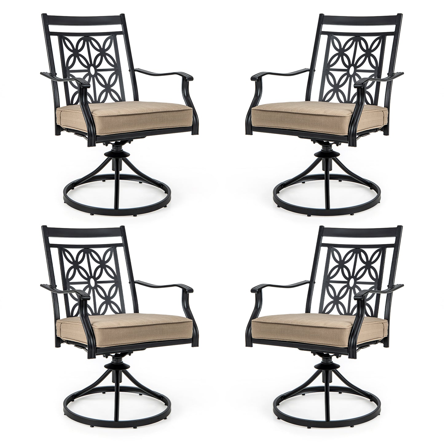 2 Pieces Patio Swivel Chairs with Blossom Pattern Backrest and Cushions-Black