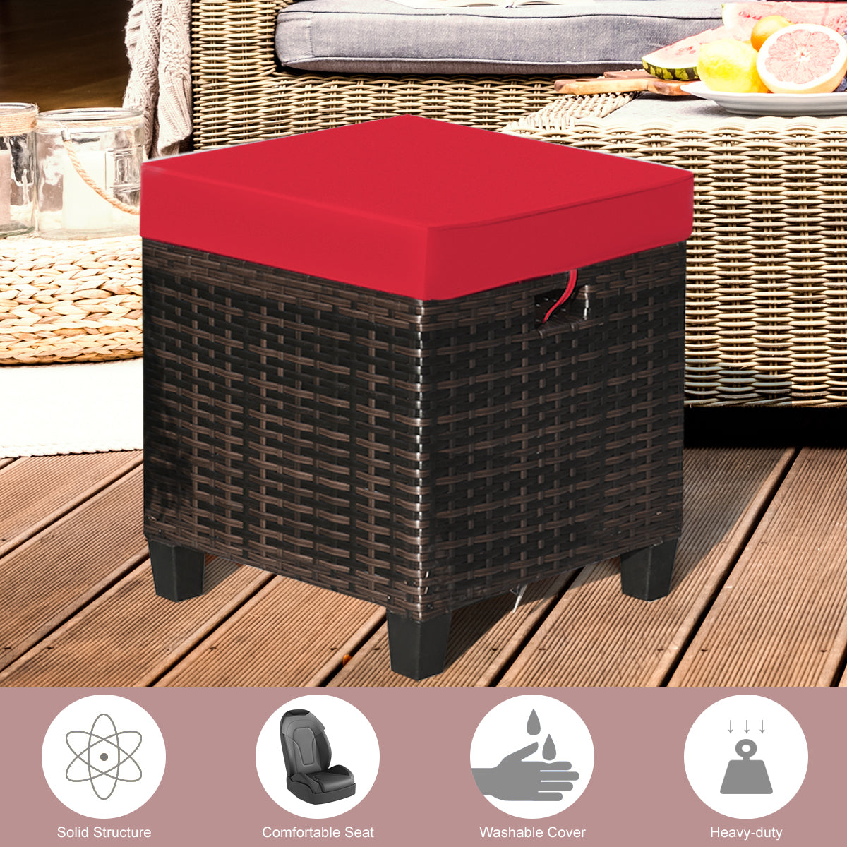 2 Pieces Patio Rattan Ottoman Set with Removable Cushions-White - Red