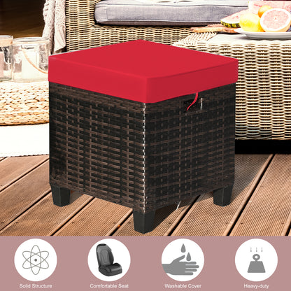 2 Pieces Patio Rattan Ottoman Set with Removable Cushions-White - Red