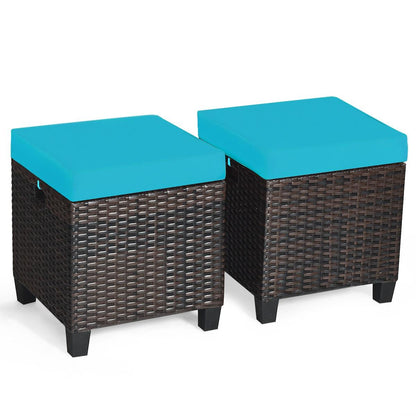 2 Pieces Patio Rattan Ottoman Set with Removable Cushions-White - Turquoise