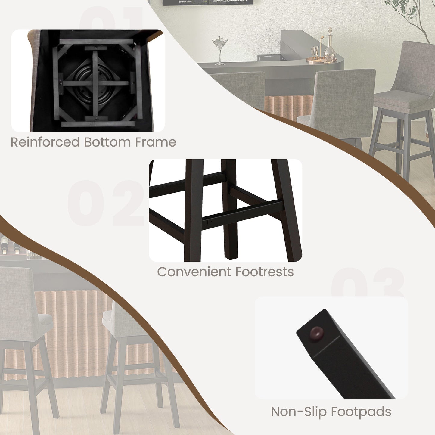 Set of 2 360¬∞ Swivel Bar Stool with Rubber Wood Legs Footrest