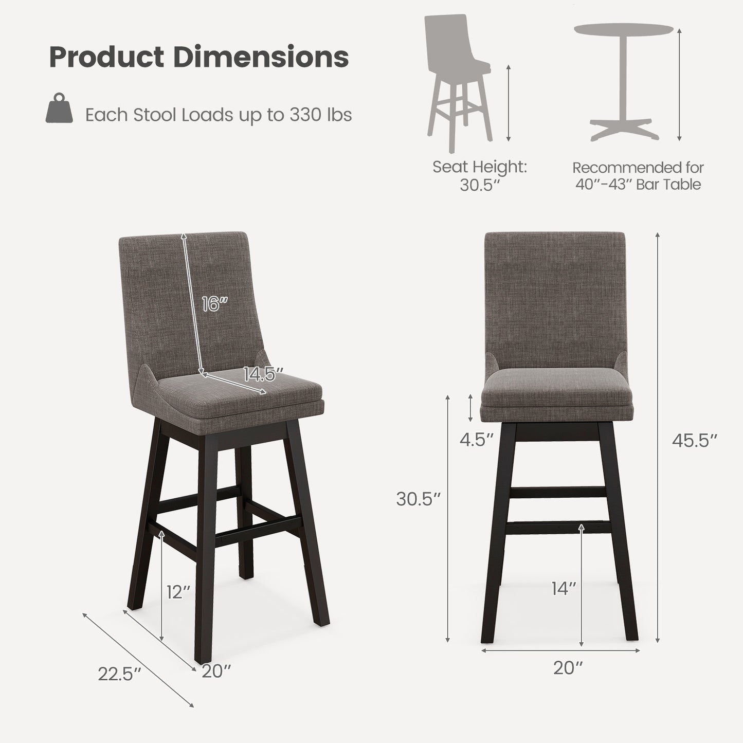 Set of 2 360¬∞ Swivel Bar Stool with Rubber Wood Legs Footrest