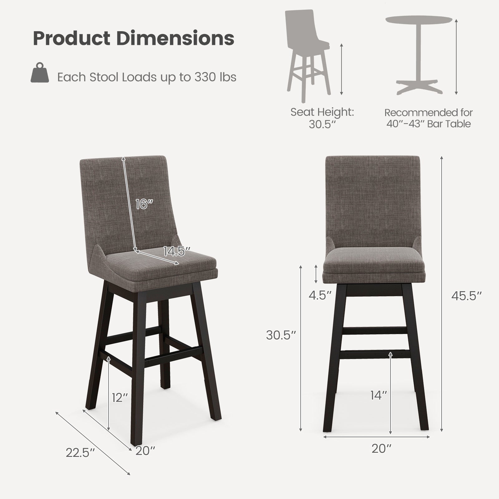Set of 2 360¬∞ Swivel Bar Stool with Rubber Wood Legs Footrest