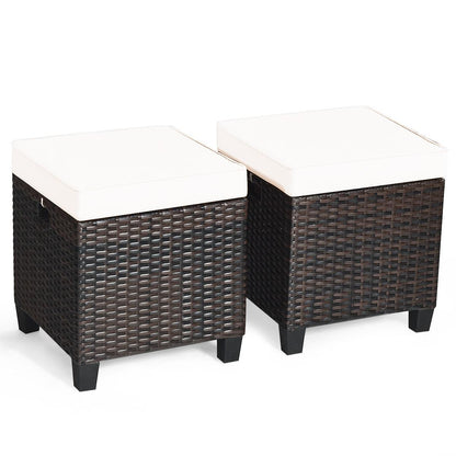 2 Pieces Patio Rattan Ottoman Set with Removable Cushions-White - White